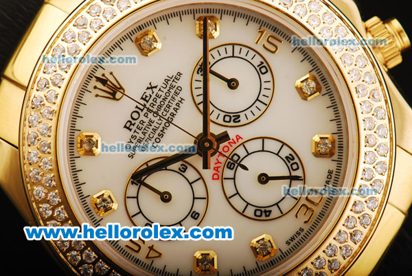 Rolex Daytona Swiss Valjoux 7750 Automatic Movement Gold Case with Double Row Diamond Bezel - Diamond Markers and Black Leather Strap - Click Image to Close